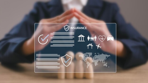 Photo concept of online insurance insurance and assurance icons including family health real estate car and financial for risk management concept online insurance