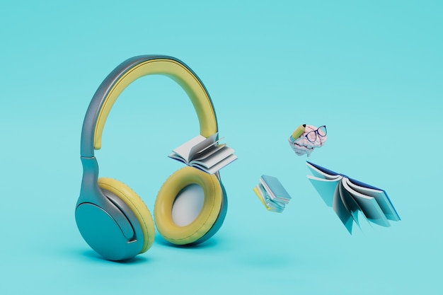 The concept of online learning headphones brains and books flying across the blue background