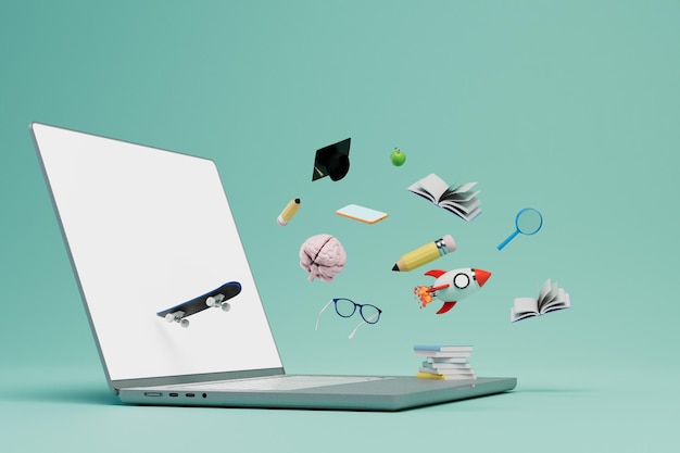 The concept of online learning laptop and training supplies on a turquoise background 3D render