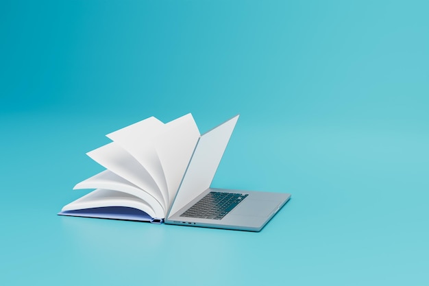 The concept of online learning an open book with a laptop on a turquoise background 3D render