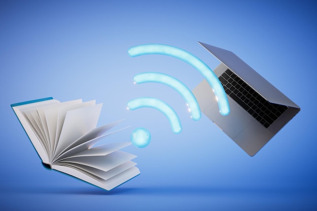 The concept of online learning an open laptop a book and a WiFi icon on a blue background 3D render