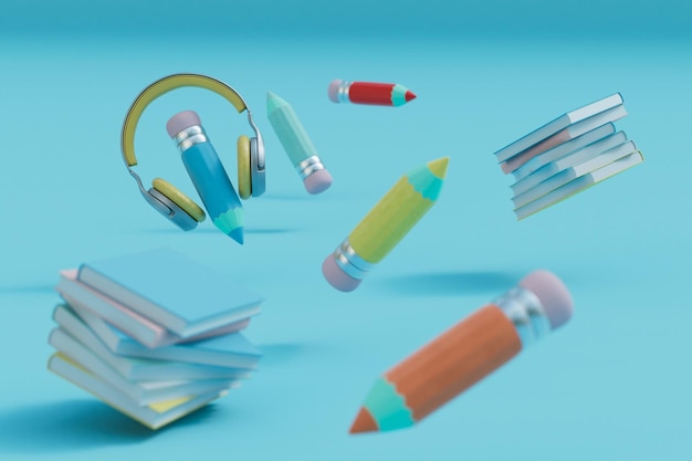 Концепция онлайн-обучения, стопки книг, наушники и цветные карандаши на синем фоне