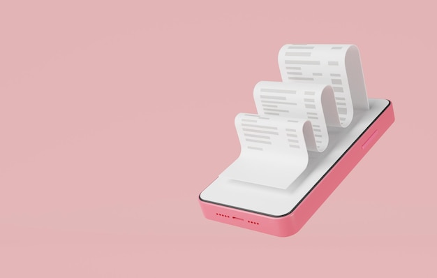 concept of online payment mobile phone with paper financial bill digital invoice and paycheck bill payment online shopping business finance bill transaction 3d icon cartoon render illustration