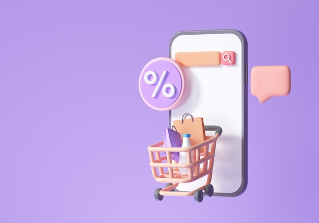 Foto concetto per un'applicazione di shopping online, e-commerce, shopping su smartphone e icone di promozione. illustrazione di rendering 3d
