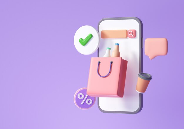 Concept for an online shopping application, e-commerce, smartphone shopping, and promotion icons. 3d render illustration