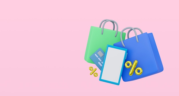 Concept of online shopping icons Phone credit card and shopping bags 3d render illustration