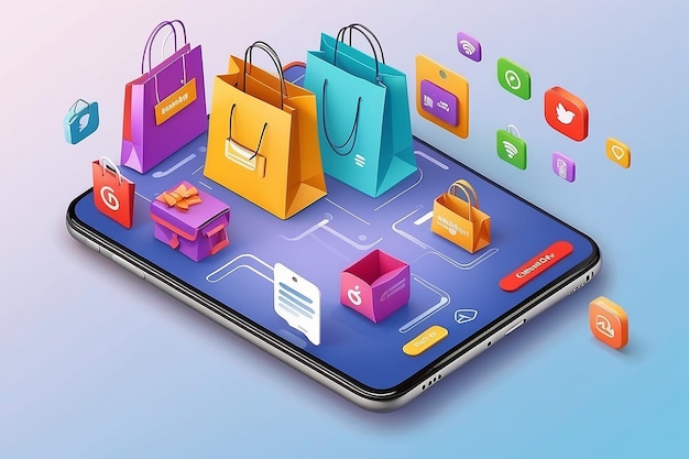 The concept of online shopping on social media app 3d Smartphone with shopping bag chat message delivery 24 hours and like icon suitable for promotion of digital stores web and ad illustration