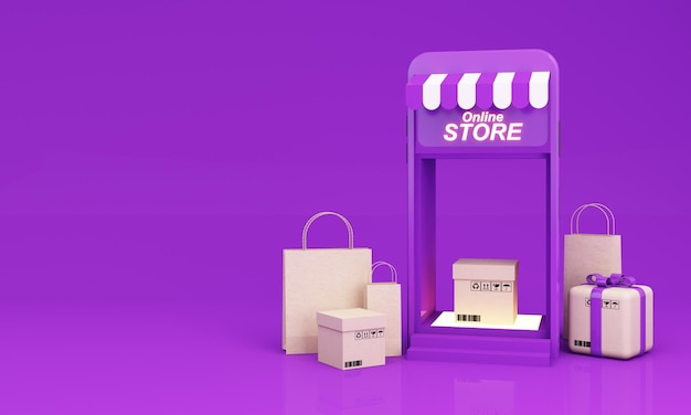 Концепция онлайн-покупок в приложениях социальных сетей Смартфон сумка для покупок картонная коробка доставка 24 часа подходящая продвижение цифровых магазинов фиолетовый тон веб и реклама 3D рендеринг иллюстрация