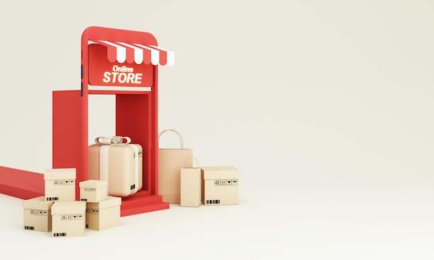 The concept of online shopping on social media app smartphone
shopping bag cardboard box delivery 24 hours suitable promotion of
digital stores red tone web and ad 3d rendering illustration