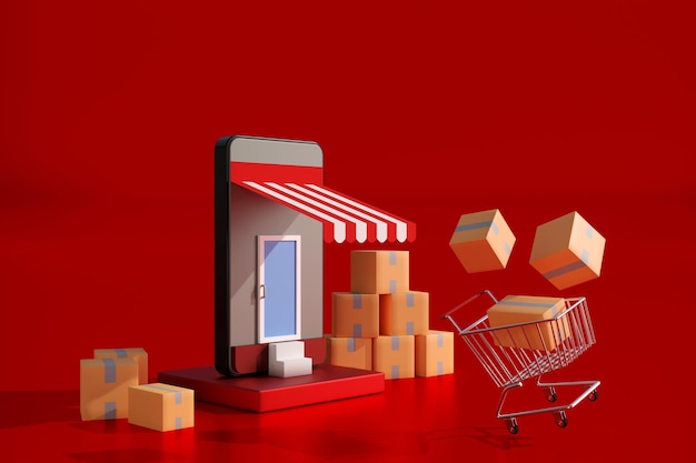 Concept of online shopping with marketing smartphone supermarket trolley and parcel 3d render