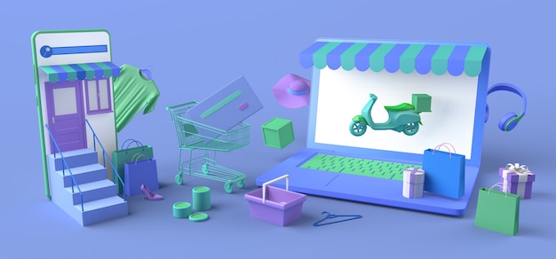 Concept of online store and home delivery with laptop and smartphone. Copy space. 3D illustration.