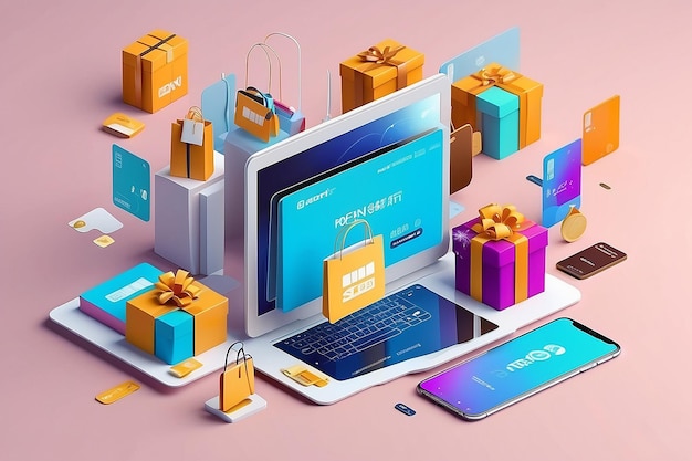 Photo concept of online store online shopping online payments with floating elements abstract illustration with bank card packages shops purchases 3d rendering