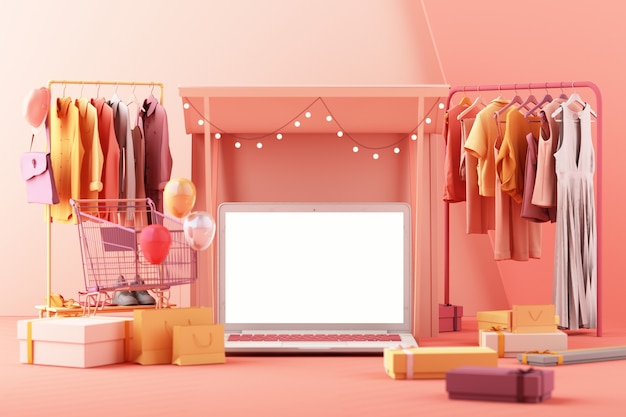 The concept of online women shopping clothes on social media app. 3d laptop screen with shopping bag, chat message, shopping cart on pink pastel color 3d rendering