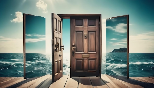 Concept of open door collage with ocean background