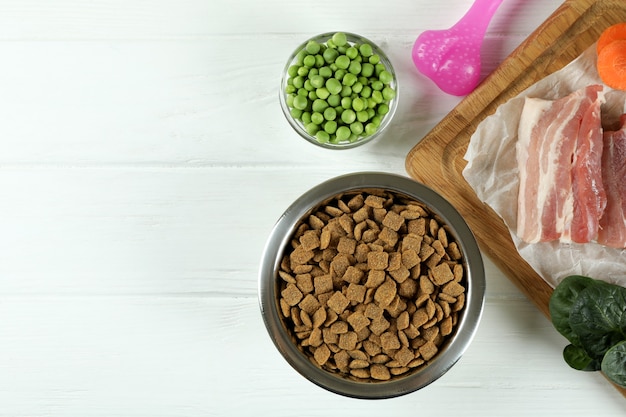 Concept of organic pet food on wooden