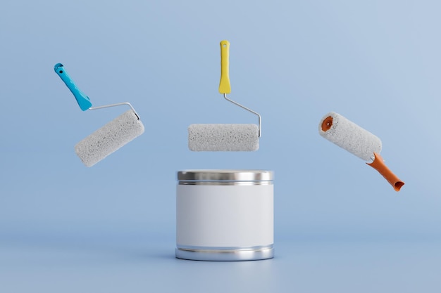 The concept of painting the walls a can of paint and paint rollers on a blue background 3D render