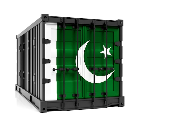 The concept of Pakistan exportimport container transporting and national delivery of goods 3D illustration container with the national flag of Pakistan view front