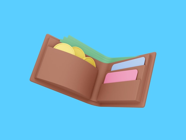 Concept payment icon Open wallet with coins bills and credit cards floating on a blue background 3d rendering