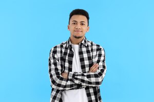 Concept of people with young man on blue background