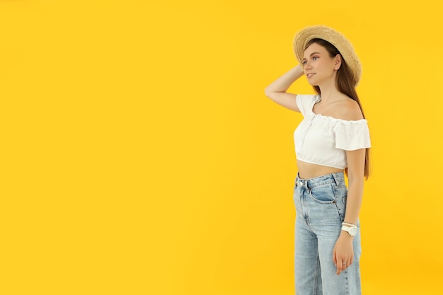 Concept of people young woman on yellow background