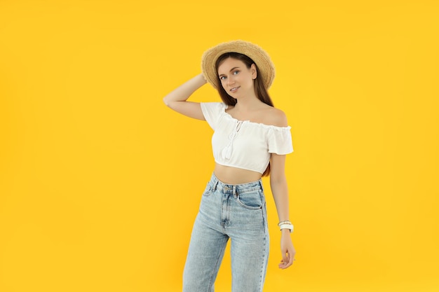 Concept of people young woman on yellow background