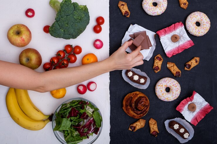 Concept photo of healthy and unhealthy food. Fruits and vegetables vs donuts, sweets and burgers