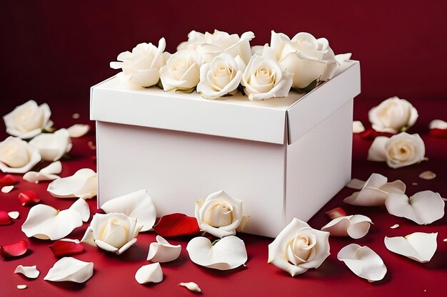 concept photo shoot of white gift box with white roses