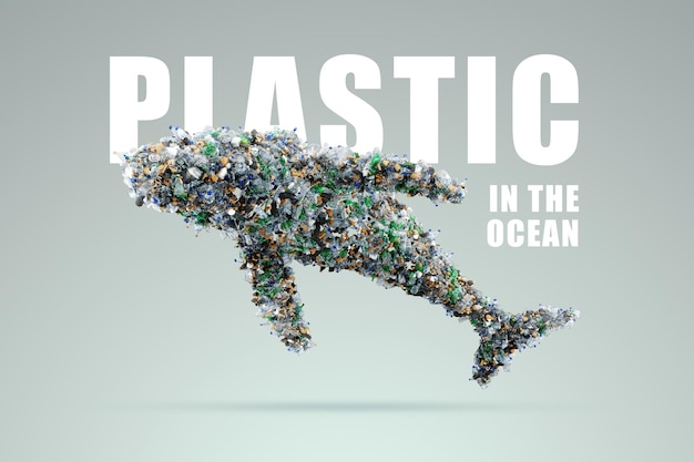 Concept plastic in de oceaan enorme walvis samengesteld uit plastic flessen en vuilnis op lichte achtergrond