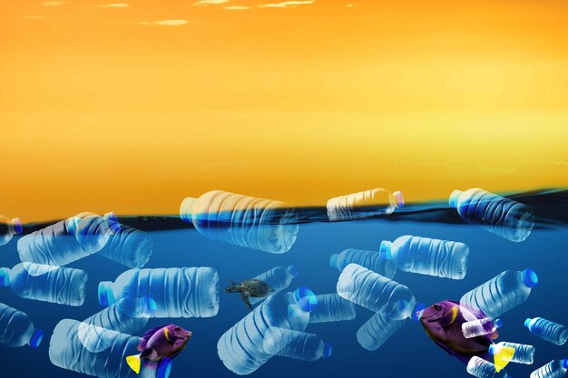 Photo the concept of plastic waste in the sea plastic bottles floating in the sea