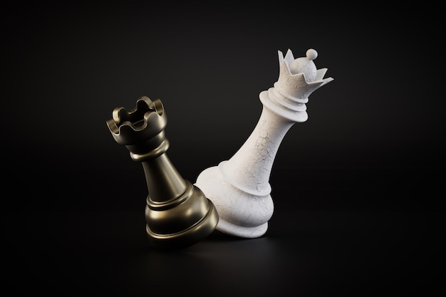 The concept of playing chess a white queen and a black pawn on a black background 3D render