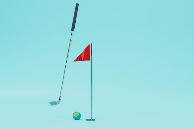 The concept of playing golf a golf club next to a planet shaped ball and a red flag