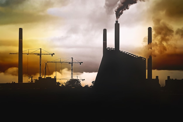 汚染された環境の概念工場とクレーンのシルエットと煙突からのスモッグと日没時の街のパノラマ