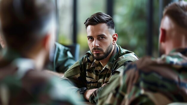 Concept Posttraumatische stressstoornis Sessie psychologie na de oorlog Soldaat die met mensen praat