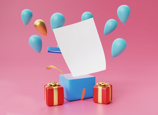 Photo concept of a present box opens up to show blank papers for commercial design with decoration elements balloons and gifts 3d render