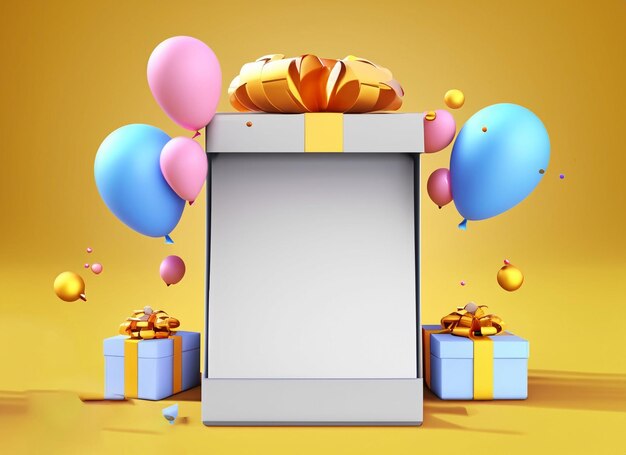 Foto il concetto di una scatola regalo si apre per mostrare carte bianche per il design commerciale con elementi di decorazione palloncini e regali rendering 3d