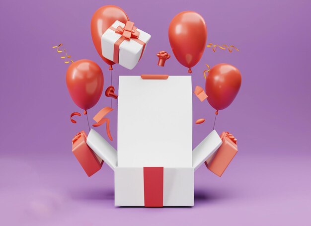 Concept of a present box opens up to show blank papers for commercial design with decoration elements balloons and gifts 3d render