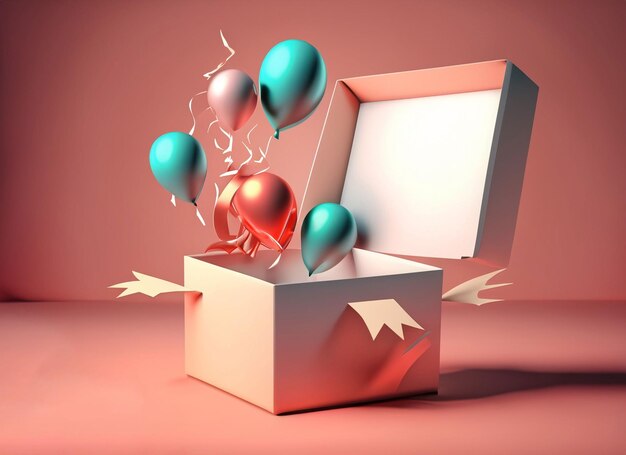 Photo concept of a present box opens up to show blank papers for commercial design with decoration elements balloons and gifts 3d render