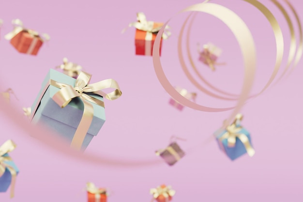 The concept of presenting gifts gift boxes and beautiful ribbons flying across the background