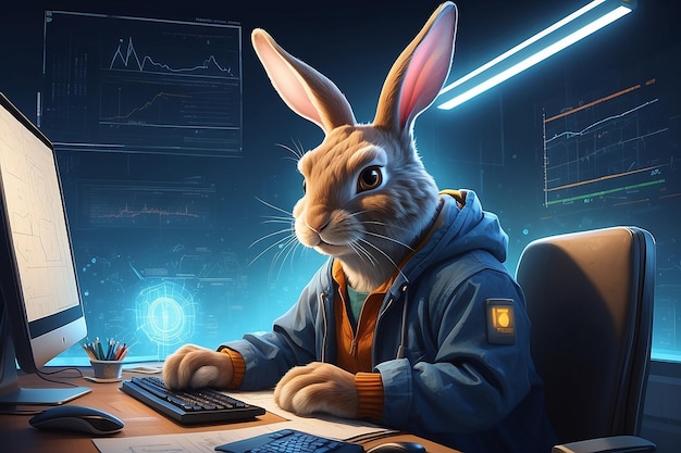 Концепция программиста как технического кролика личность освещает портрет, демонстрируя его опыт и энтузиазм в динамичной области ИТ и разработки