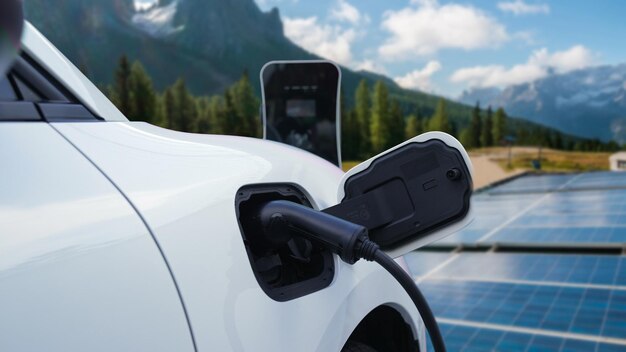 Photo concept of progressive future renewable and clean energy technology by charging station recharge ev car's battery powered by solar cell for ecofriendly sustainable energy system