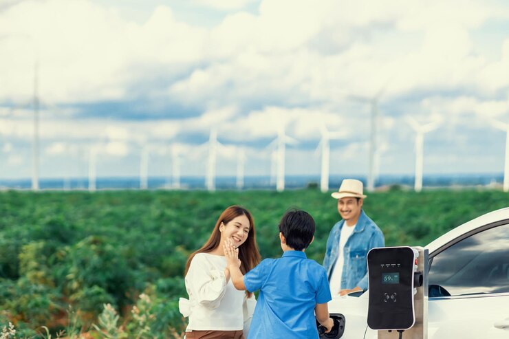 Photo 電動車在風力發電廠的漸進式幸福家庭的概念