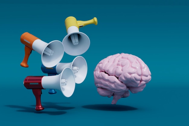 The concept of propaganda brain around which loudspeakers on a turquoise background 3D render