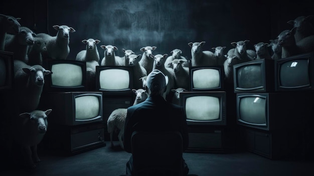 Photo concept of propaganda and fake news tv addiction sheepd watching tv in dark room politicians manipulate the population