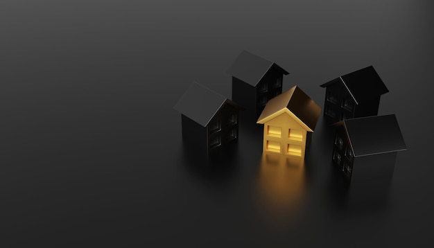 Photo concept of property or real estate mortgage gold house among black houses background.