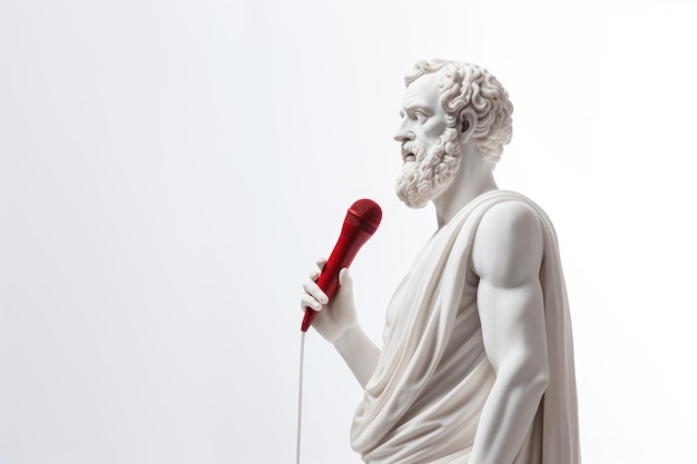 Concept of public speaking Sculpture of Demosthenes with a red microphone on a white background