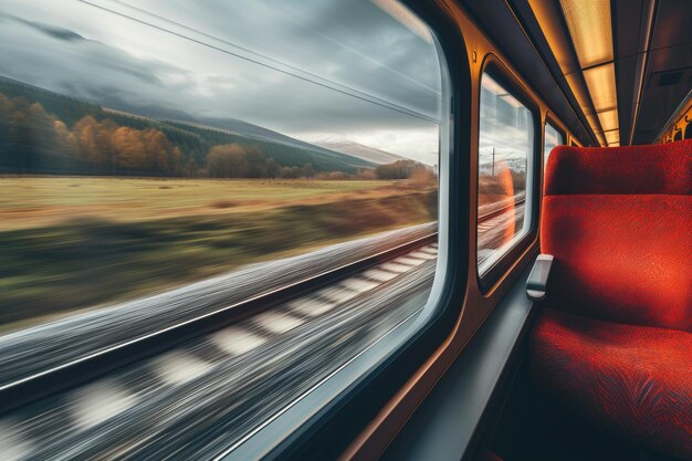 철도 여행과 교통의 개념, 여행의 이, 기차역의 분위기, 열차의 열정, 기차 창문에서 내려다보는 놀라운 풍경.