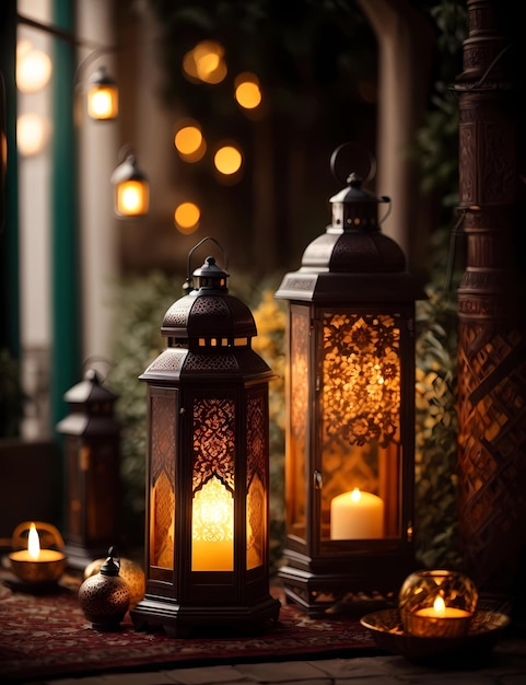 Concept of Ramadan and Eid alFitr dates wallpapers with traditional Arabic lantern lamp