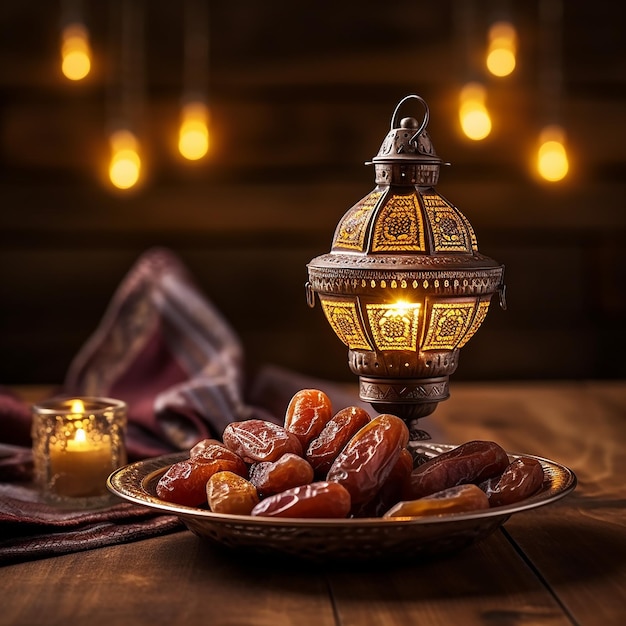 Concept Ramadan Kareem met een bord met dadels en een oude Arabische lamp