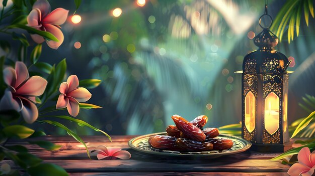 concept Ramadan Kareem with plate of dates Iftari and ancient Arabic lantern on a vector wooden background and flower