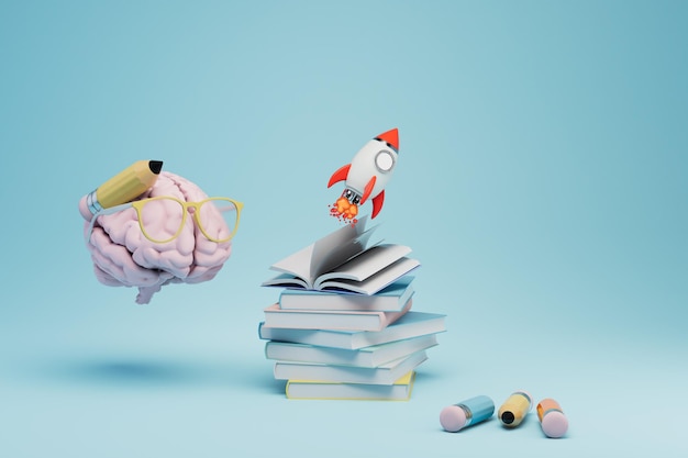 Photo the concept of rapid acquisition of knowledge brain with pencil and glasses books and rocket 3d render